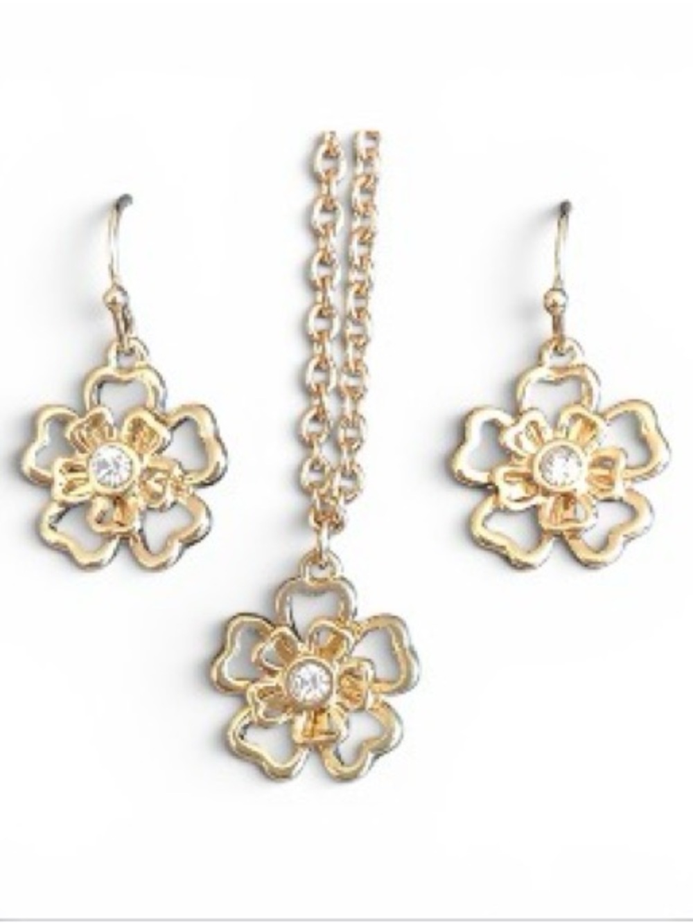 Avon Gold Tone Openwork Floral Rhinestone Necklace Bracelet Earrings Set NIB